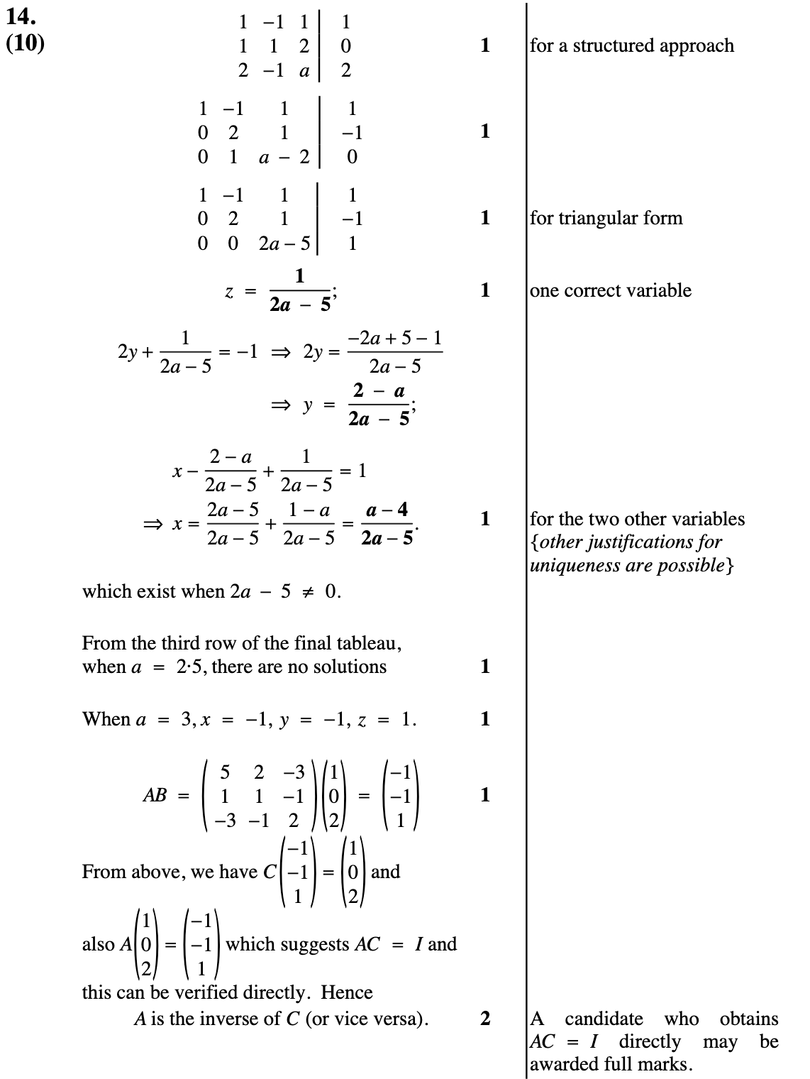 2010 Question 14 Marking Instructions